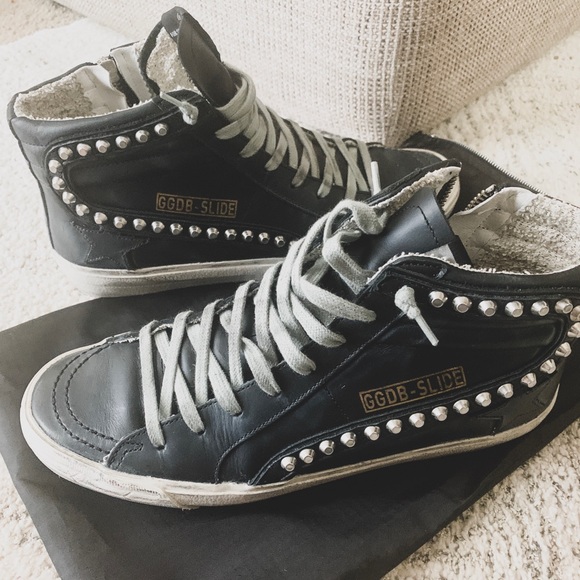 golden goose black studded slides
